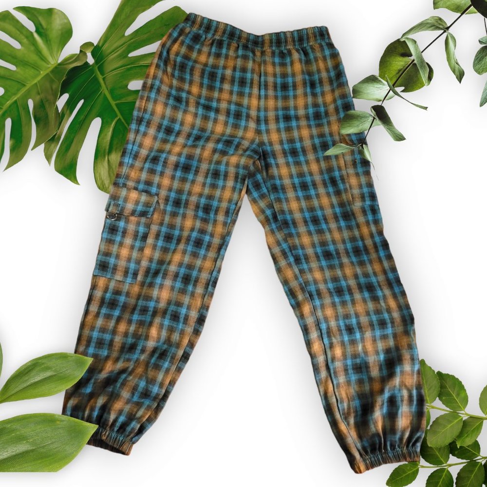 Blue Gold Plaid Cargo Pants- sz Large / 8-10